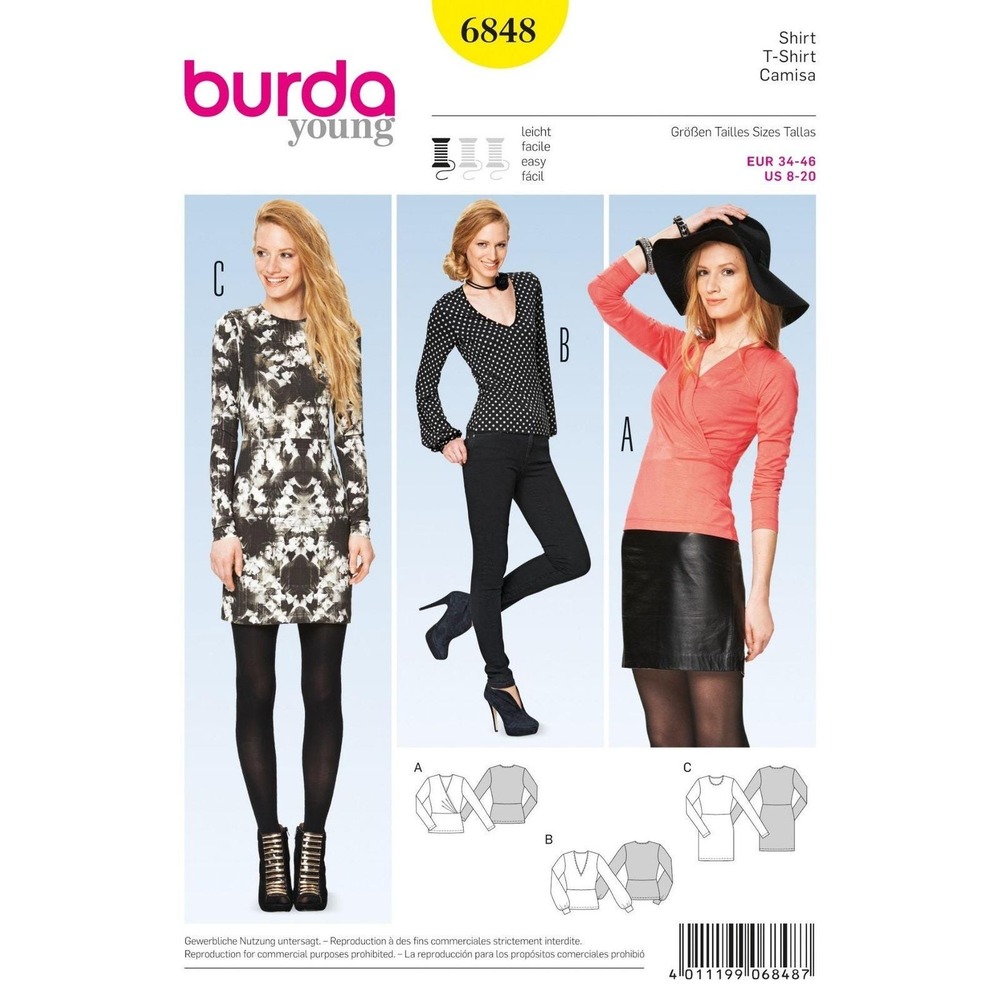 Burda Sewing Pattern 6848 Shirt Tunic Dress Misses Size 8-20 Uncut FF